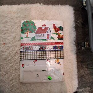 Vintage new in package tablecloth + 12 napkins 59x98" apples cows farm cotton